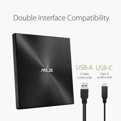 ASUS ZenDrive U9M Schwarz – USB 2.0/USB-C Slim Externer DVD-Brenner Optische Disc 8X Speed Re-Writer