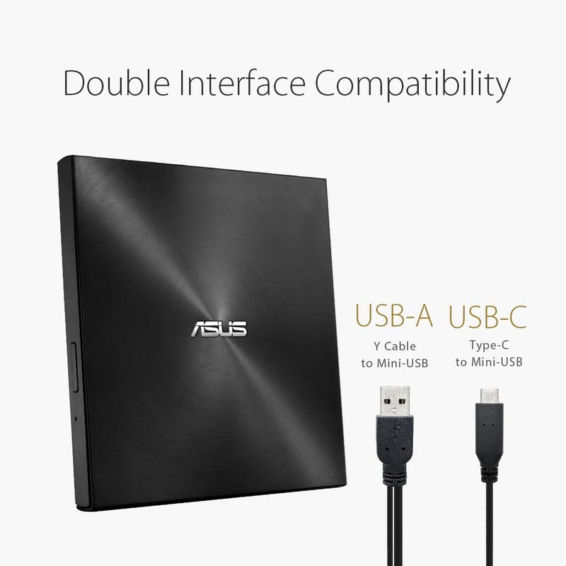 ASUS ZenDrive U9M Schwarz – USB 2.0/USB-C Slim Externer DVD-Brenner Optische Disc 8X Speed Re-Writer
