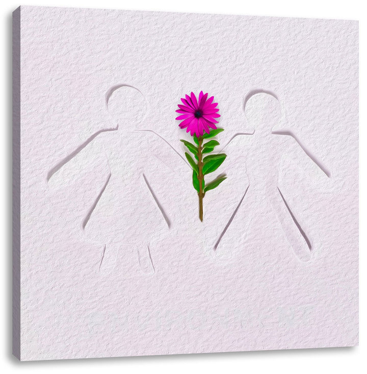 Pixxprint Strichmännchen mit Blume schwarz/weiss als Leinwandbild/Grösse: 70x70 cm/Wandbild/Kunstdru