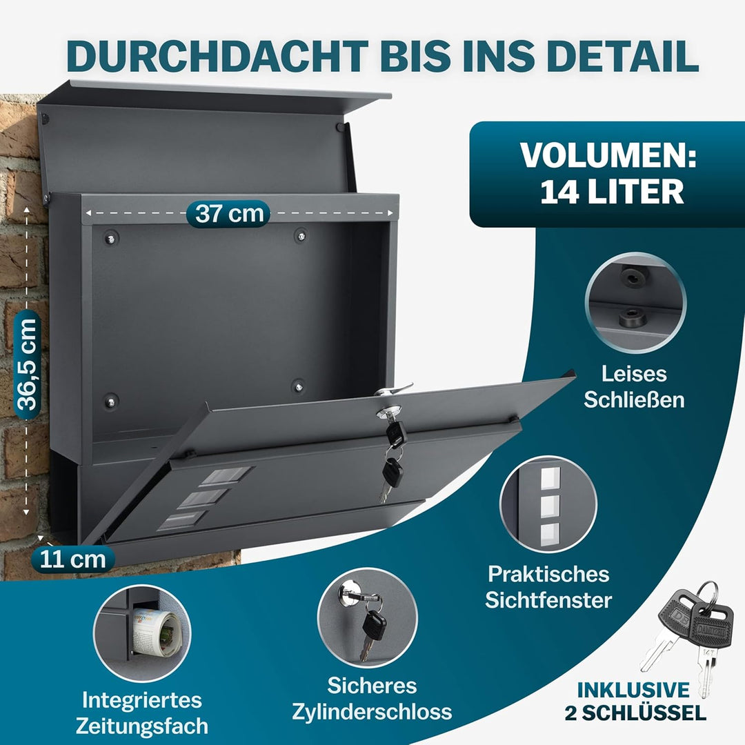 MONZANA® Briefkasten Design Stahl mit Zeitungsfach Sichtfenster 2 Schlüssel Zeitungsrolle Wandbriefk