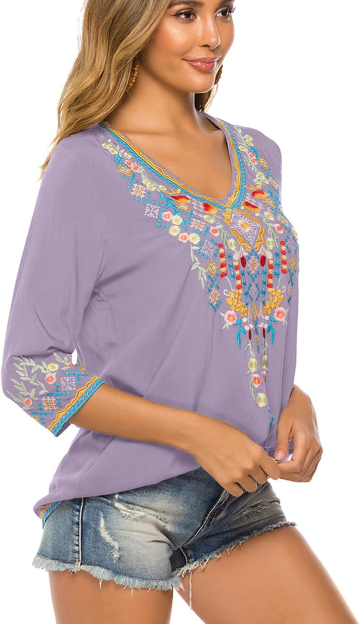 Bluse Stickerei Damen Boho Bestickte Oberteile Tunika Folklore Hippie Blusen Blumenmuster Oberteil K