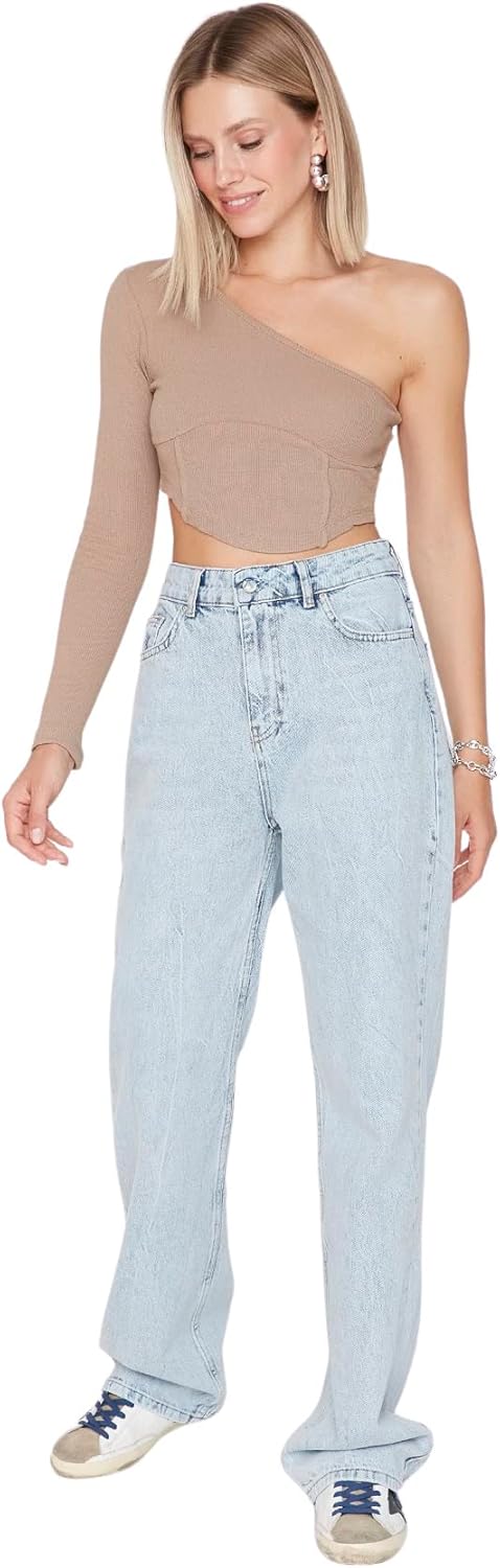 TRENDYOL Damen Herren Hoher Bund Wide Leg Jeans 32 Light Blue, 32 Light Blue