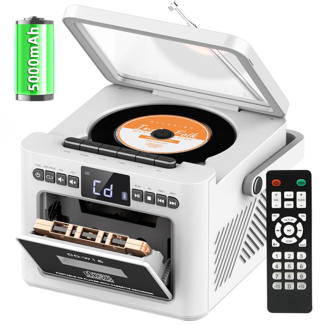 Boombox CD Player tragbar, CD-Player mit Kassettenspieler,UKW-Radio mit cd Player, 5000mAh wiederauf