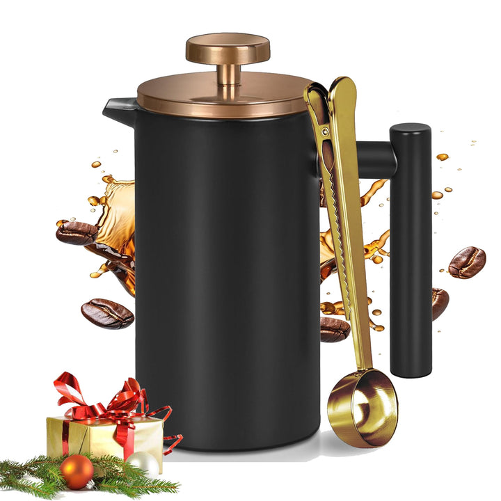 Schwarze Mini French Press Kaffeebereiter 350ml, Einzelne Tasse French Press mit Rose Gold Deckel (1