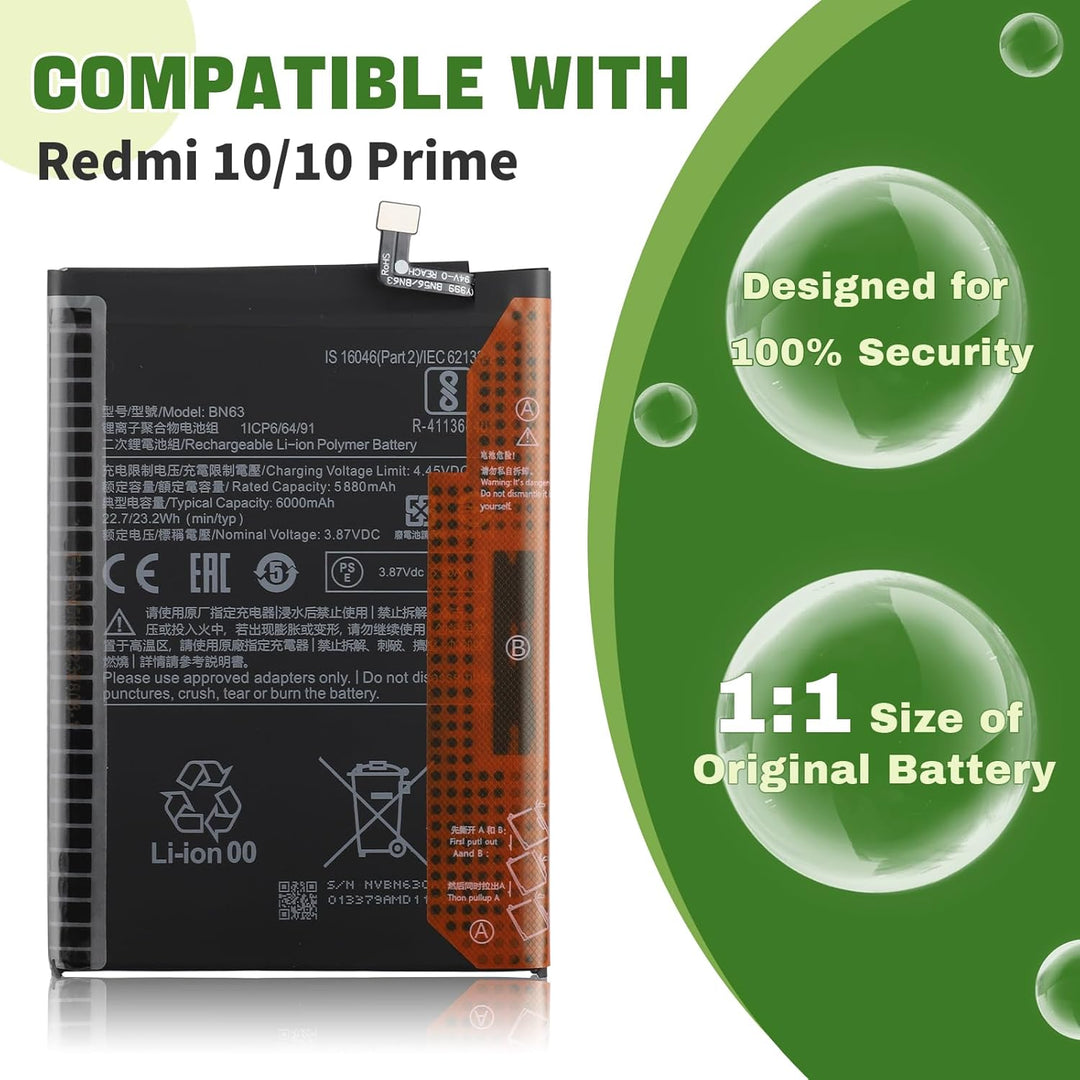 Neu BN63 Akku Ersatz Kompatibel mit Redmi 10/10 Prime Ersatzbatterie mit aktualisiertem Reparaturwer