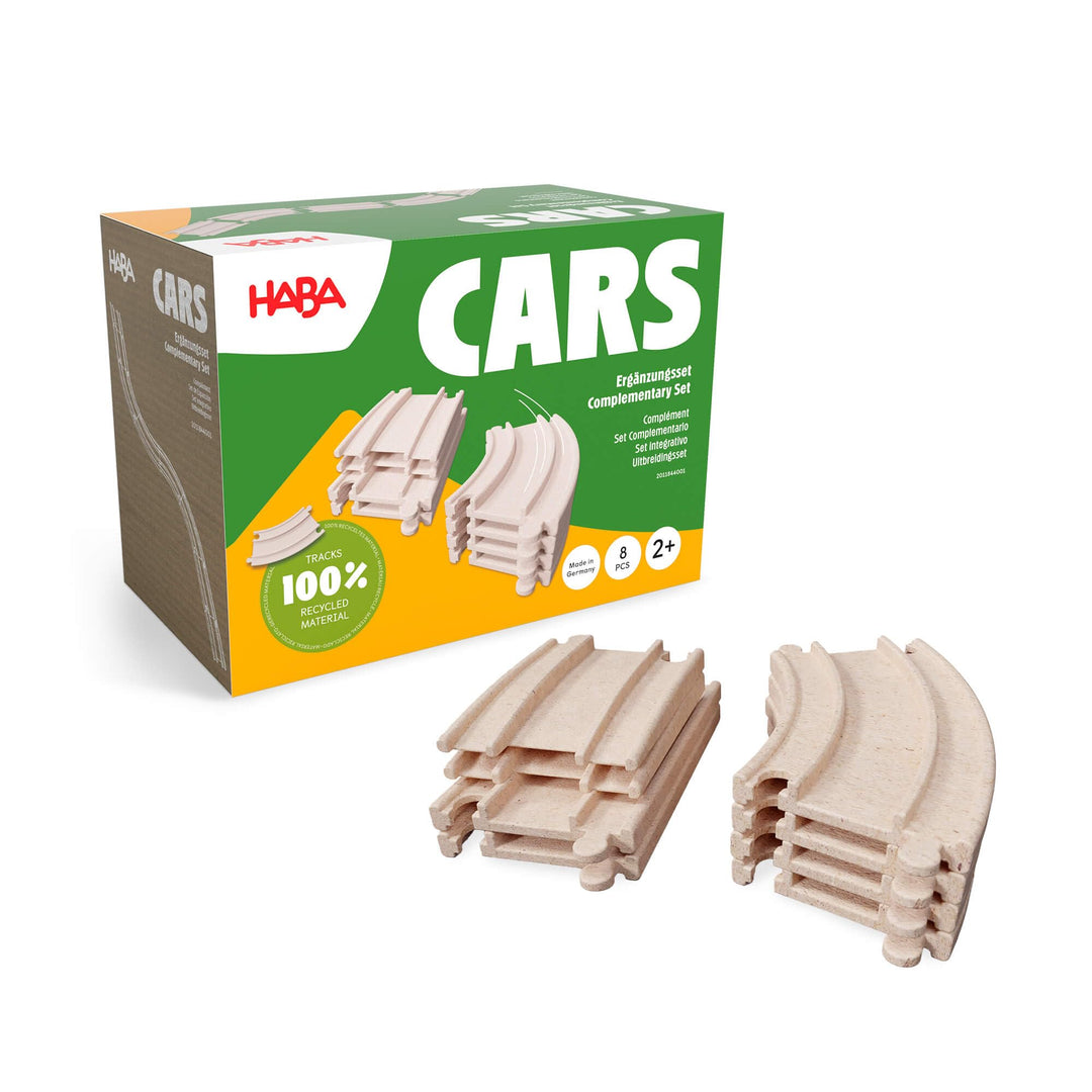 HABA Cars Ergänzungsset – 8 Schienen aus recyceltem Holz und Kunststoff – Extragrosse, einfach zu ve