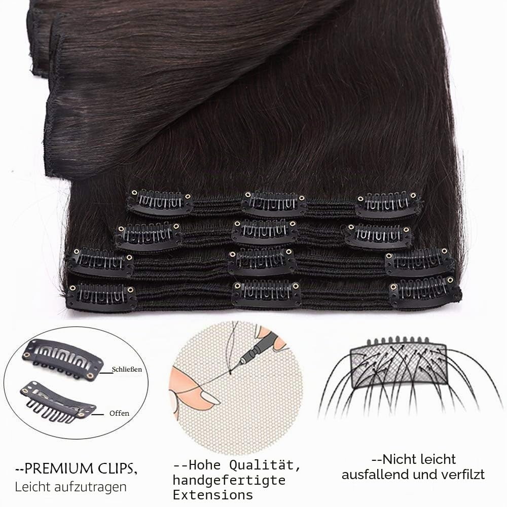 SEGO Clip in Extensions Echthaar Haarverlängerung Haarteil Doppelt 8 Tressen hitzebeständig glatt Na