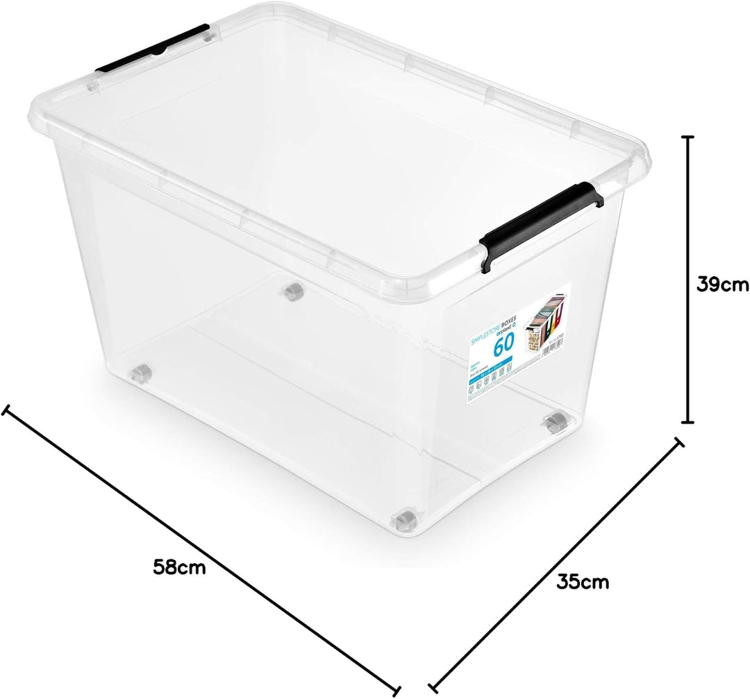 ORPLAST 6 Stück- MOXOM Rollerbox 60 Liter mit Deckel/Clips/Rädern - 58 x 39 x 35 cm - transparent