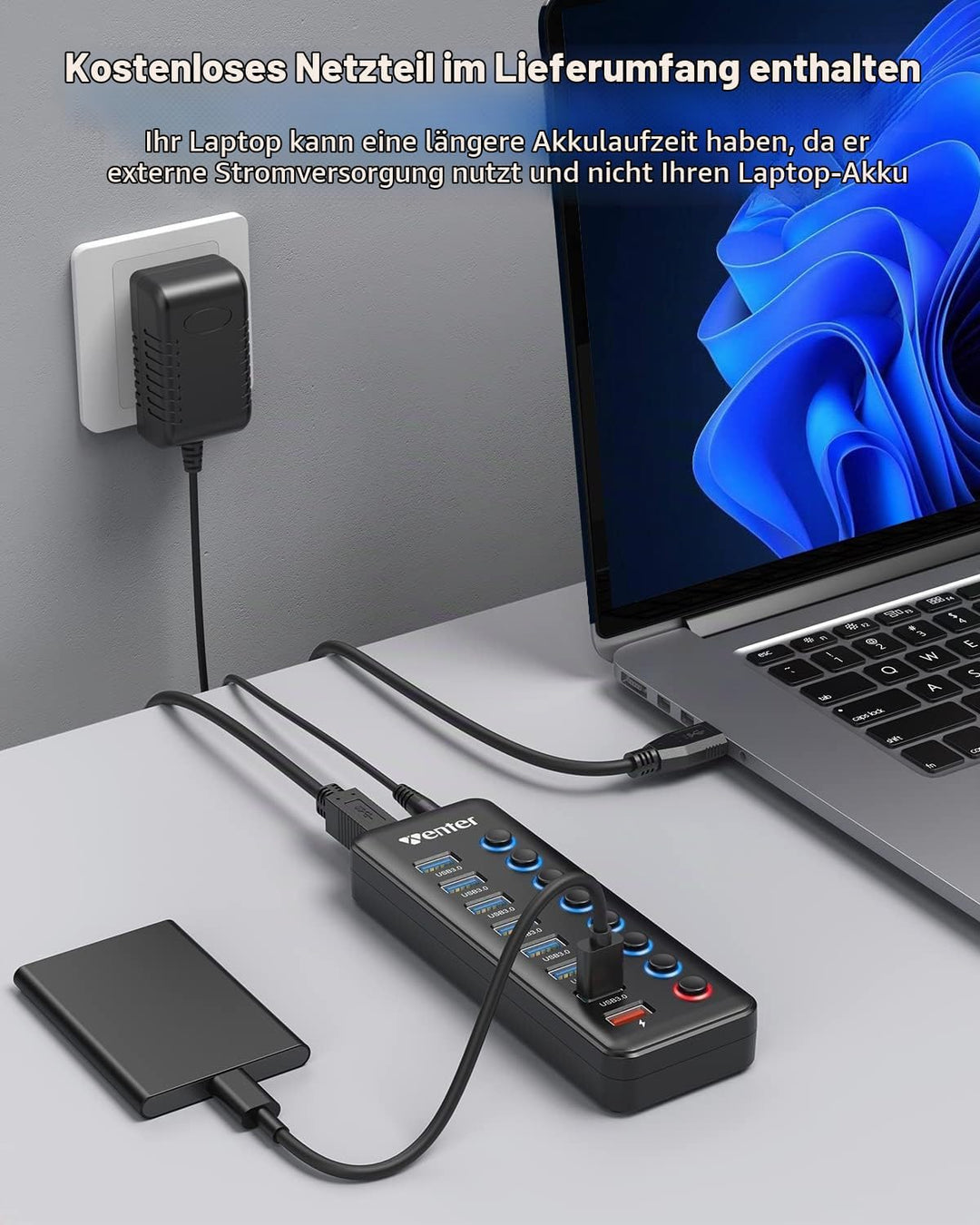 WENTER USB Hub 3.0 Aktiv, 11 Ports 36W (12V / 3A) Netzteil, USB 3.0 Mehrfach Ports Verteiler mit LED