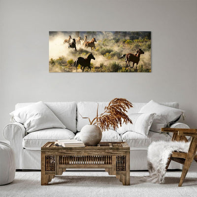 Panorama Bilder auf Leinwand 100x40cm Leinwandbild Cowboy Cowgirl Pferd Gross Wanddeko Bild Schlafzi