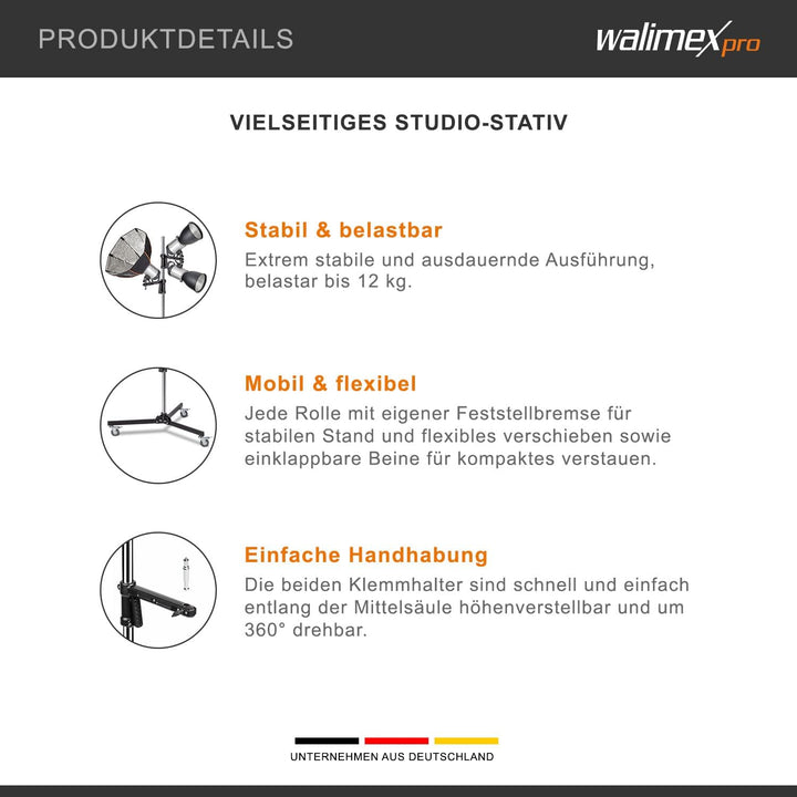 Walimex pro Rollstativ 223cm - Robustes Studiostativ mit 2 schnell verschiebbaren Klemmhaltern und s