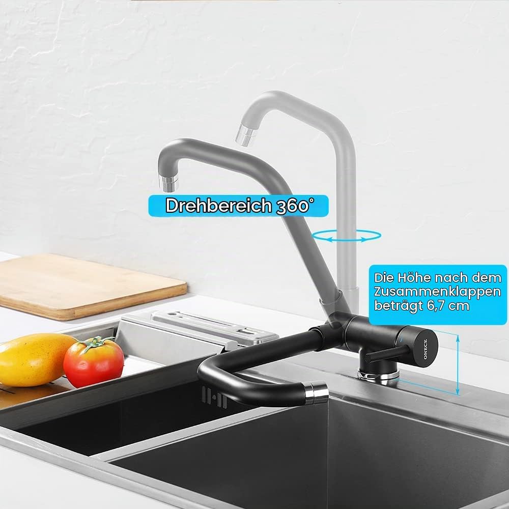 ONECE Vorfenstermontage Küchenarmatur Schwarz, Wasserhahn Küche Klappbar mit 2 Strahlarten, Armatur