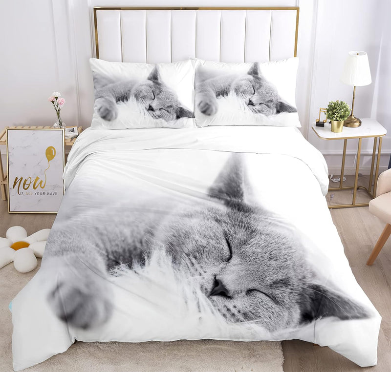 JEFFEL Katze Bettwäsche Set 135 x 200 cm, Tiermotiv, Kinderbettwäsche, Cat Muster Bettbezug 3D Haust