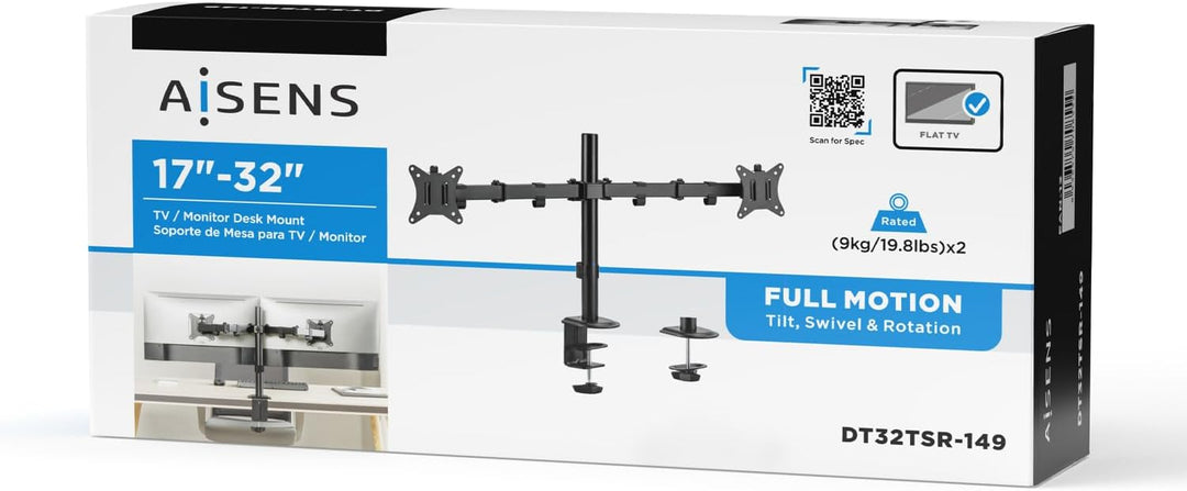 AISENS Eco-Tischhalterung, drehbar und neigbar, für Monitor/TV, 9 kg (3 Schwenken, 2 Arme), 17-32 cm