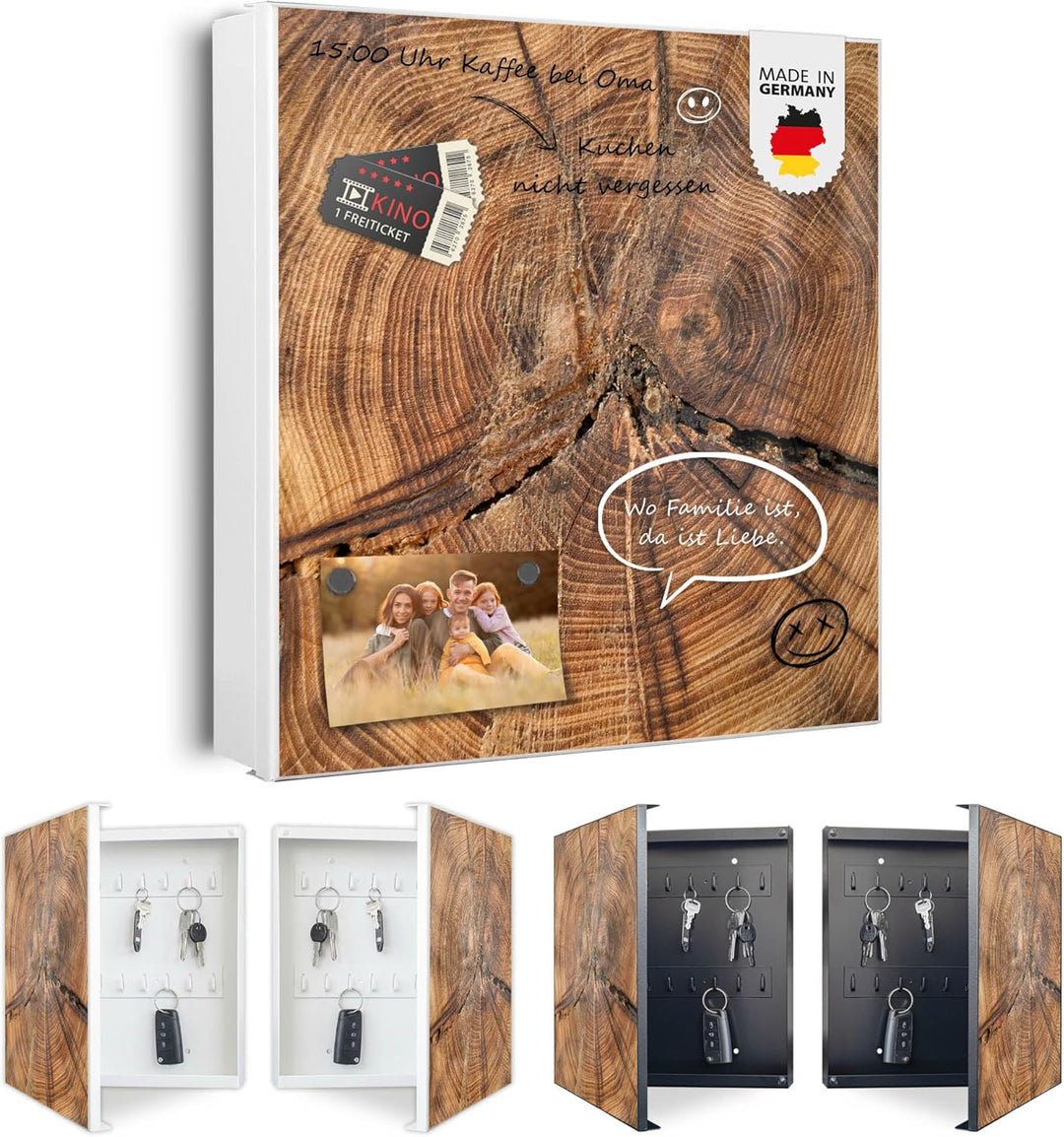 banjado® Grosser Schlüsselkasten Glas/Schlüsselbox 30cm x 30cm mit 50 Haken - Motiv Jahresringe/Schl