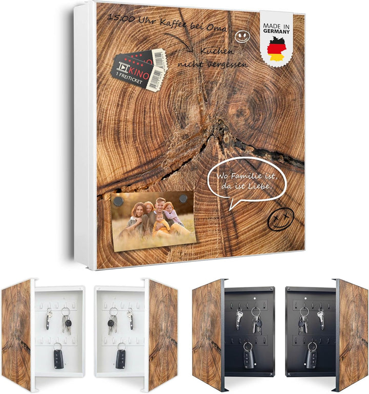 banjado® Grosser Schlüsselkasten Glas/Schlüsselbox 30cm x 30cm mit 50 Haken - Motiv Jahresringe/Schl