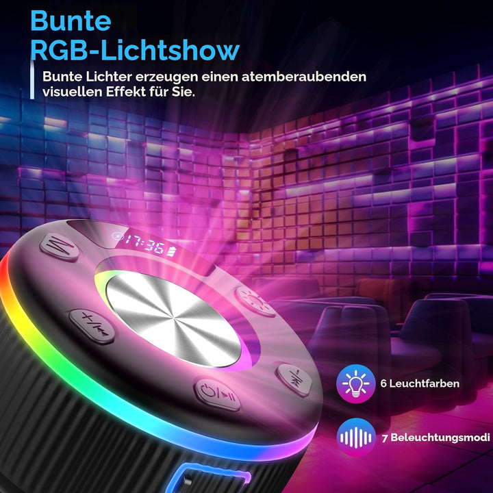 Bluetooth Lautsprecher Dusche, musikbox Bluetooth mit HD Mic, RGB Lichtshow, Zeitangabe, Mini Duschl