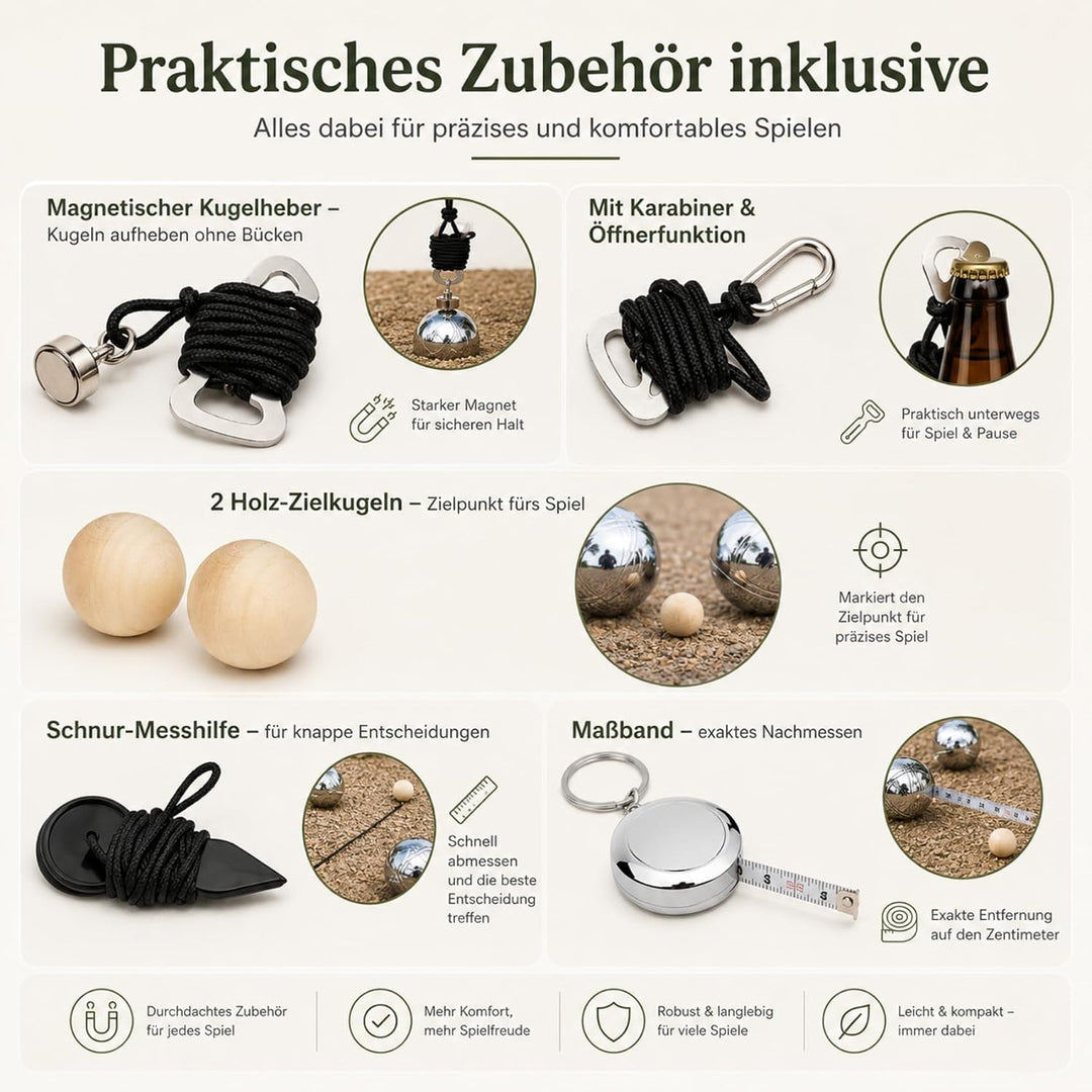 6er Boule Set Ø73mm 720g, mit Zielkugeln, Massband &amp; Magnetsammler | Boccia Kugeln mit Transportbox,