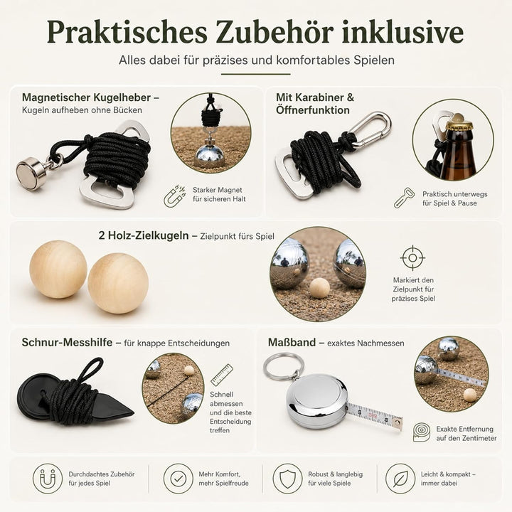 6er Boule Set Ø73mm 720g, mit Zielkugeln, Massband &amp; Magnetsammler | Boccia Kugeln mit Transportbox,