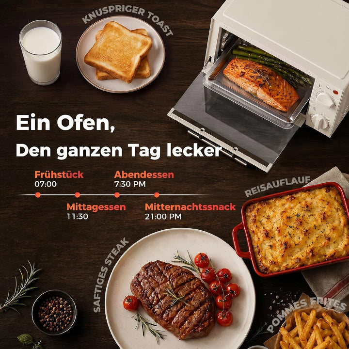 HOMCOM Mini Backofen 9 L 750W 100-230℃ 60 Min. Timer inkl. Backblech, Grillrost, Glas Fenster, Platz