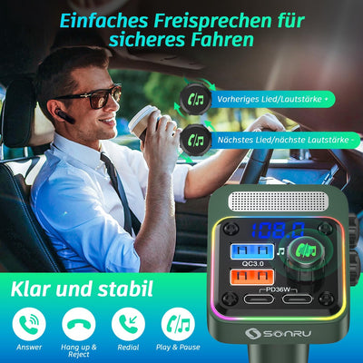 SONRU FM Transmitter Auto Bluetooth 5.3 Adapter Auto, Bass & HiFi Stereo Freisprechanlage für Auto B