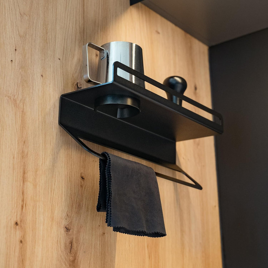 FLATE® Towel Rack: Barista Wandregal für Tücher, Milchkännchen und Kaffeezubehör (Schwarz), Schwarz