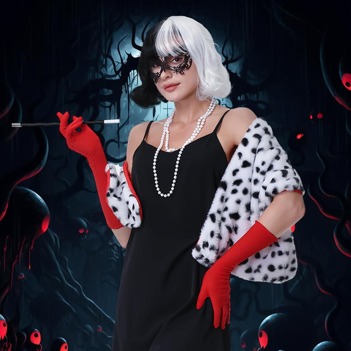 Aragallant Cruella Kostüm Damen, Kurze Schwarze und weisse Perücke, Halloween Kostüm Damen Set, 70er