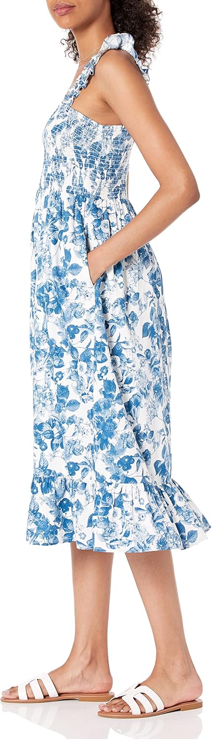 The Drop Damen Kimi Gesmoktes Midikleid mit Gerüschter Schulter Dresses 4XL Grosse Grössen Blaues Bl