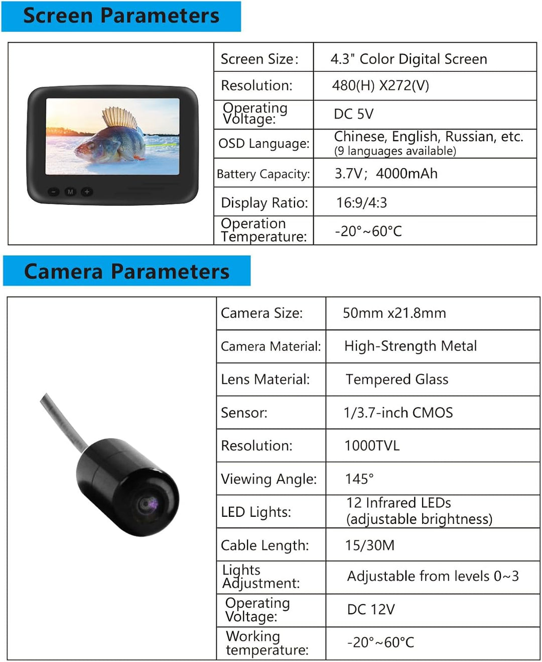 Bewinner Unterwasser-Angelkamera mit 4,3-Zoll-LCD-Display, 1000 TVL 145 Weitwinkel-Fischfinder, Trag