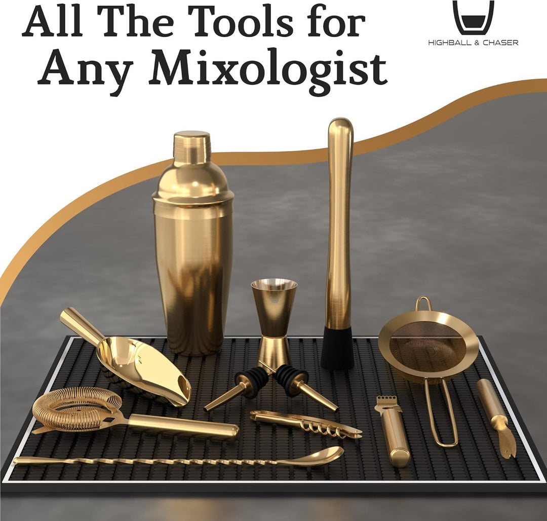 Highball & Chaser Barkeeper-Set mit Espresso-Bambusständer. Schönes Cobbler-Cocktail-Shaker-Set mit