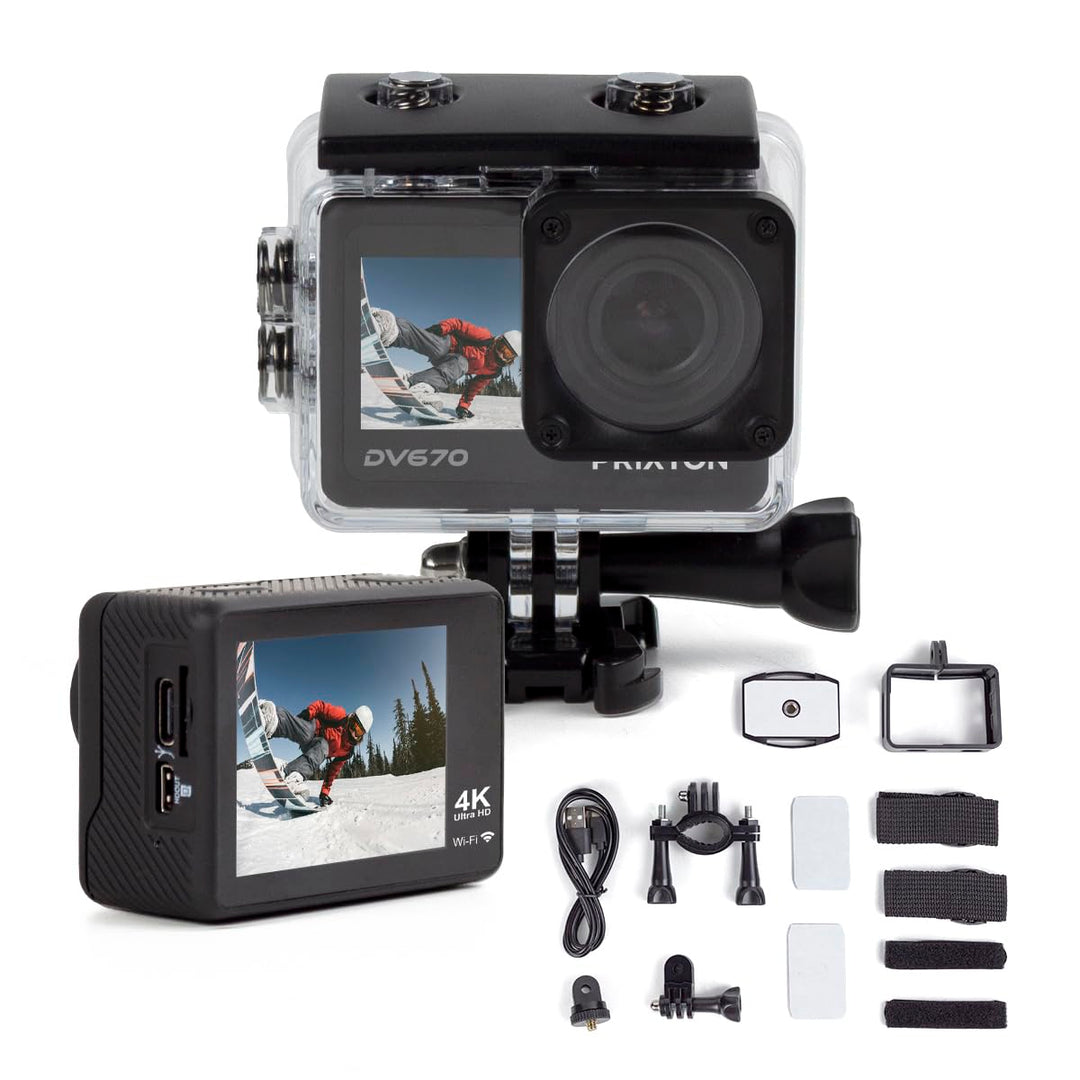 PRIXTON Action-Kamera DV670 Multisport | Sportkamera mit 4K-Auflösung, Doppelbildschirm, WLAN und Mo