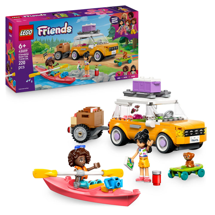 LEGO Friends Abenteuertrip mit Freunden -Reisewagen Spielzeug mit Anhänger, 2 Mini-Puppen, einer Hun