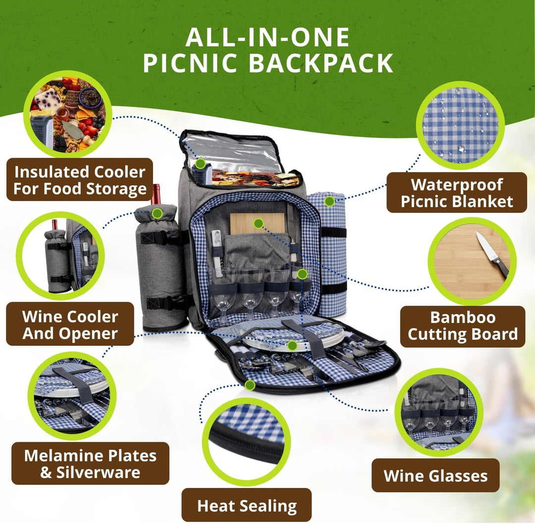 Nature Gear XL Picnic Backpack - Classic 4 Person Insulated Design - Waterproof Blanket and Full Cut