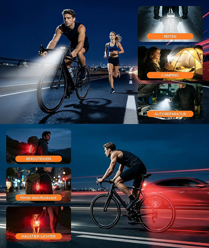 Fahrradlicht Set mit Halterung für GoPro/Fahrradcomputer, StVZO Zulassung, USB-C Wiederaufladbare Bl