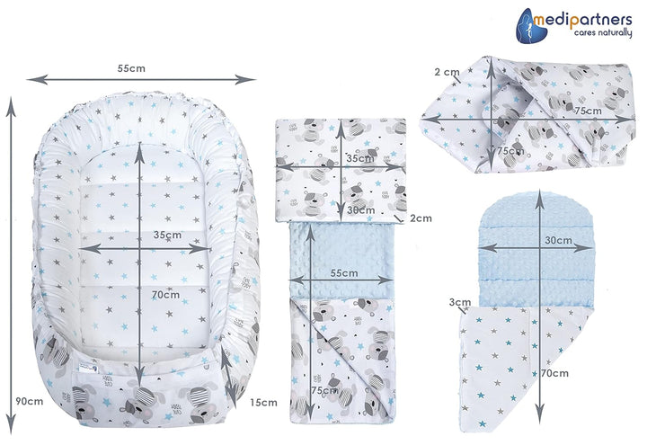 Medi Partners 5 teilig Babynestchen Set Babynest 90x50 herausnehmbarer Einsatz Bett Kuschelnest Krab