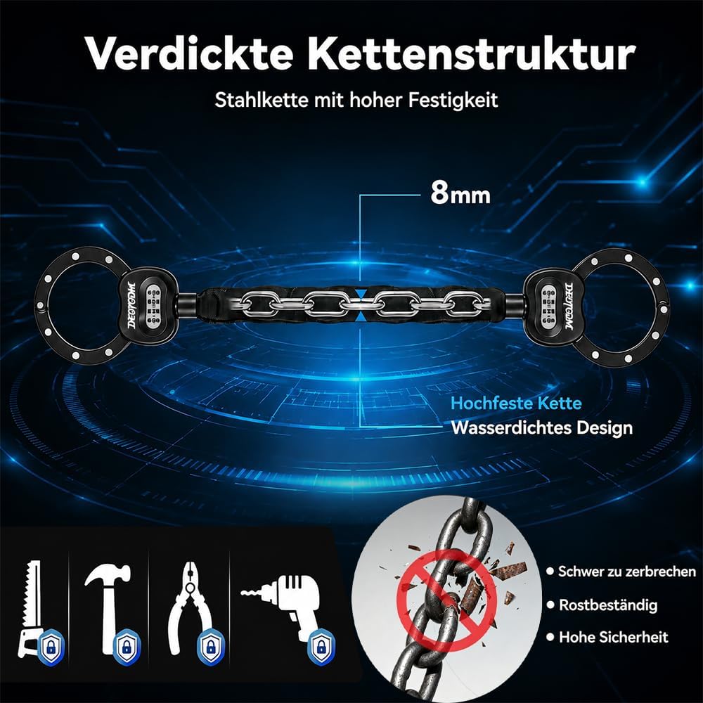 E Scooter Schloss Fahrradschloss Handschellenschloss Hohe Sicherheit Bike Lock 8mm Dicker Kette Kett
