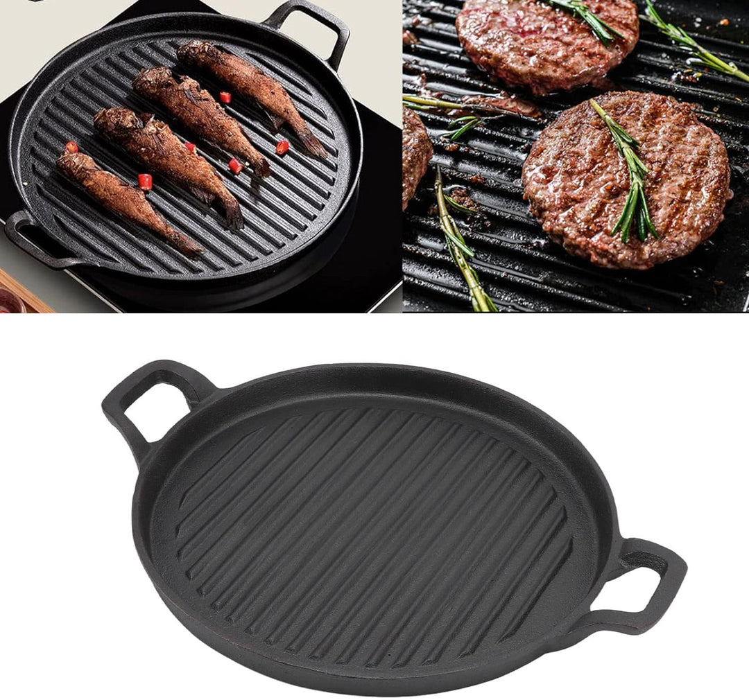 Gusseisen-Grillplatte, runde Gusseisen-Bratpfanne, wendbar, Doppelgriff, gerippte Bratpfanne, Outdoo