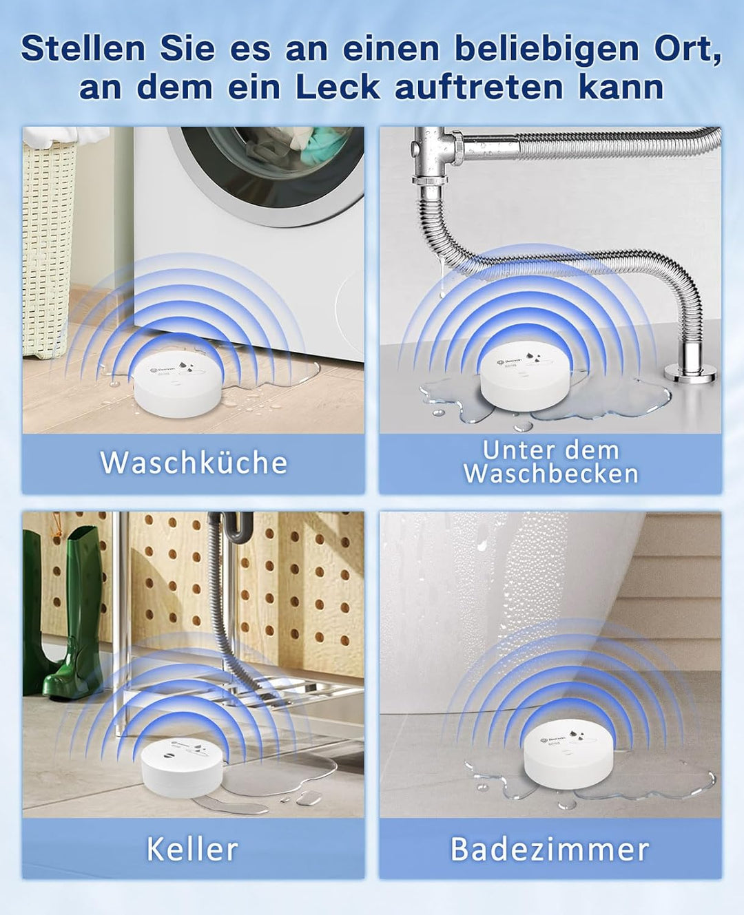 Geevon 6 Pack Wassermelder, 100dB Wassersensor Alarm Flut-Detektor für Keller, Badezimmer, Waschküch