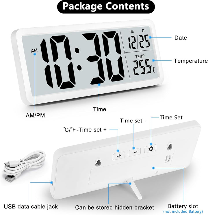 Sukeen Digitale Wanduhr batteriebetrieben, Wanduhr Digitaluhr mit grossen Ziffern, Temperatur, 12/24