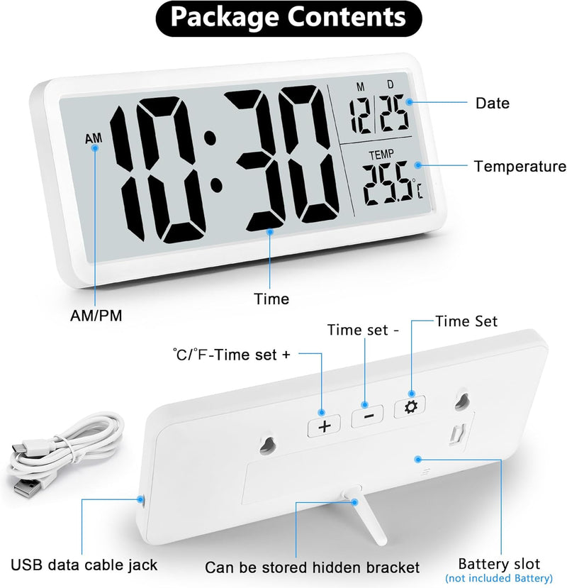 Sukeen Digitale Wanduhr batteriebetrieben, Wanduhr Digitaluhr mit grossen Ziffern, Temperatur, 12/24