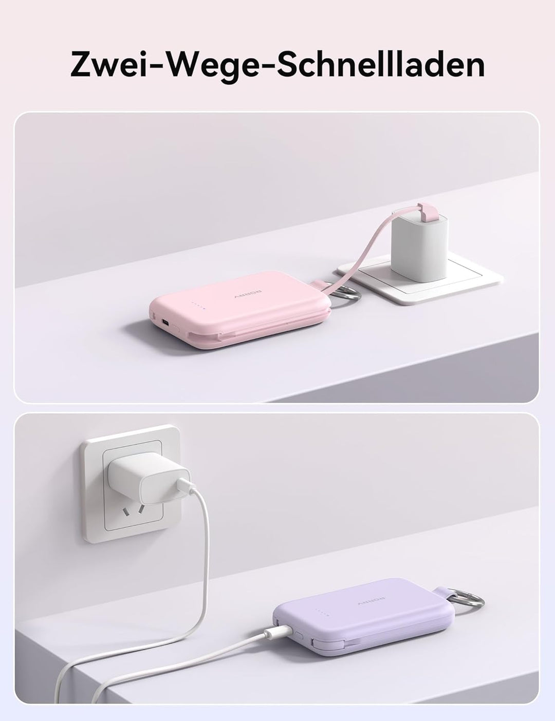 RORRY CharmGo 10000mAh Powerbank, PD 30W Schnellladen, Portable Charger mit integrierten Kabeln und