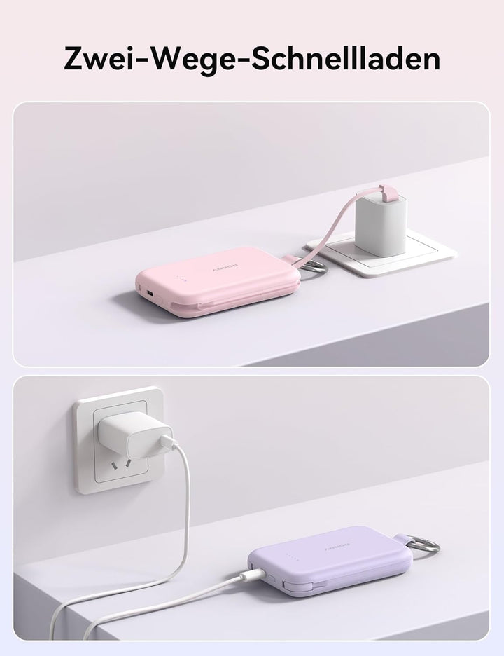 RORRY CharmGo 10000mAh Powerbank, PD 30W Schnellladen, Portable Charger mit integrierten Kabeln und
