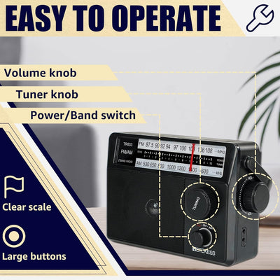 Retekess TR633 Tragbares Radio, AM FM -Radio -Netze und Batterie, Transistor, Kopfhörerbuchse, gross