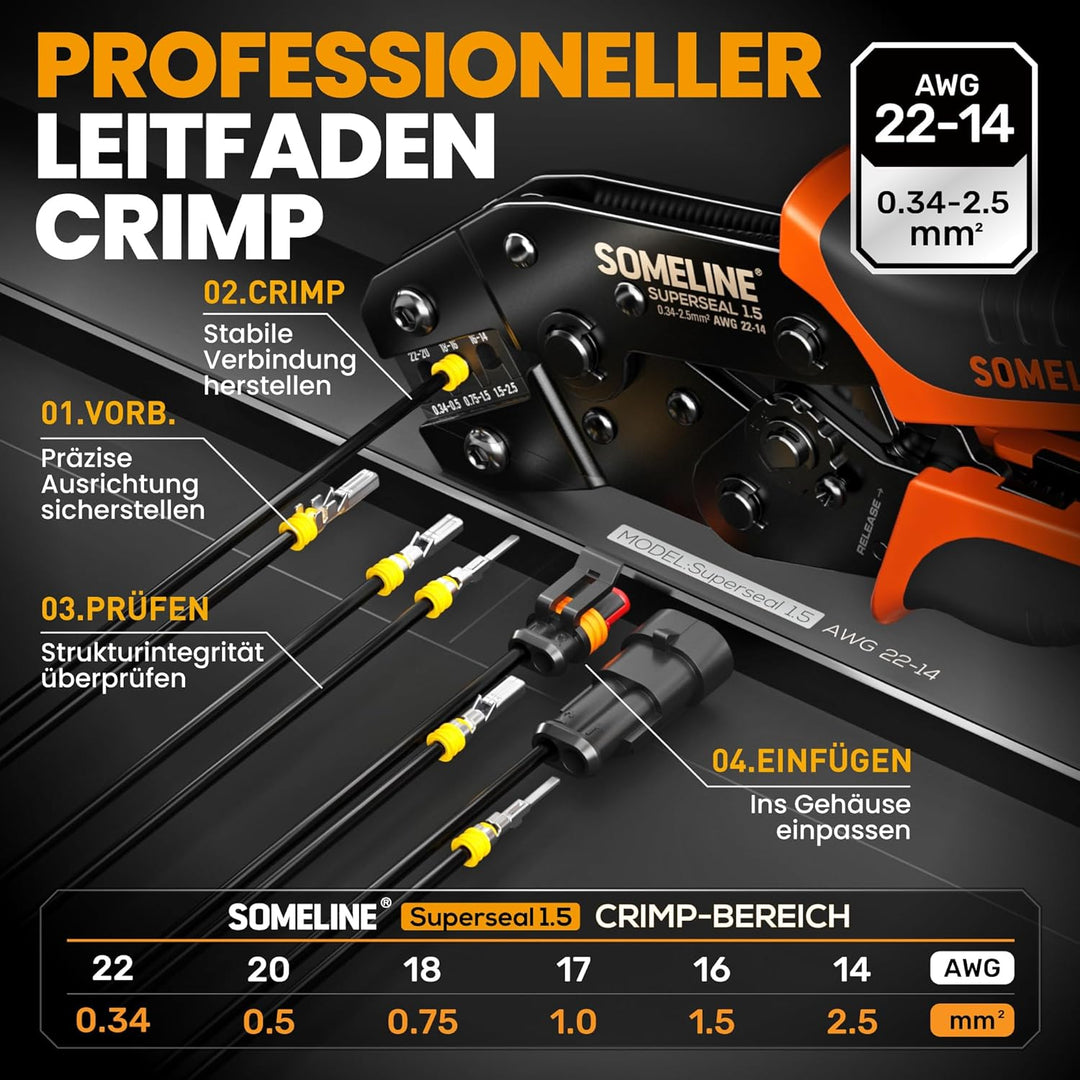 SOMELINE Crimpzange Wasserdicht Kfz Stecker Set, 1–6 Polig Kfz Steckverbinder, 0,34–2,5mm² Crimpzang