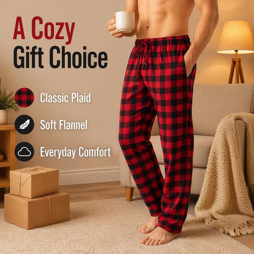 Herren 100% Baumwolle Flanell Bequeme Pyjama/Lounge Bottoms mit Taschen S Black Red Check, S Black R