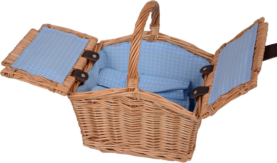 UNUS® Picknickkorb für Kinder rechteckig aus Weide mit Stoffauskleidung blau, Komplettset für 2 Pers