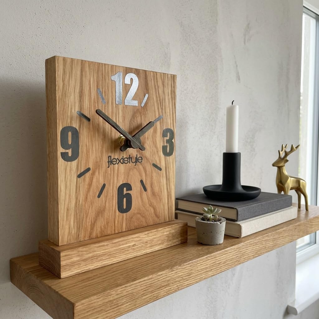 FLEXISTYLE Modern standuhr klein aus Holz Eiche Wohnzimmer Badezimmer (Style 1), Shwarz/Oak, Schwarz