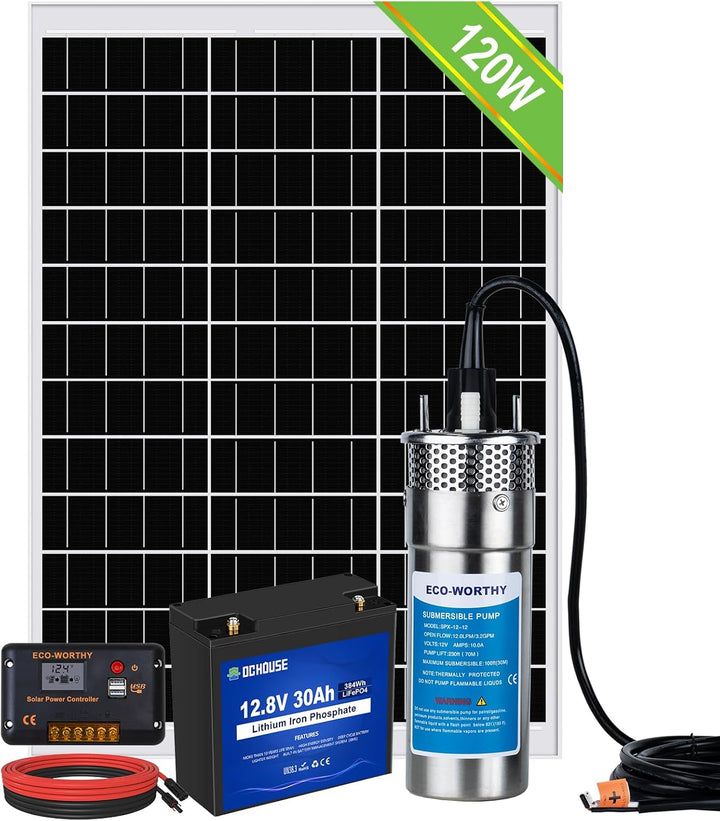 DCHOSE Solar Brunnenpumpen Set mit Batterie Backup, 12V Edelstahl-Wasserpumpe + 120W Solarpanel-Set