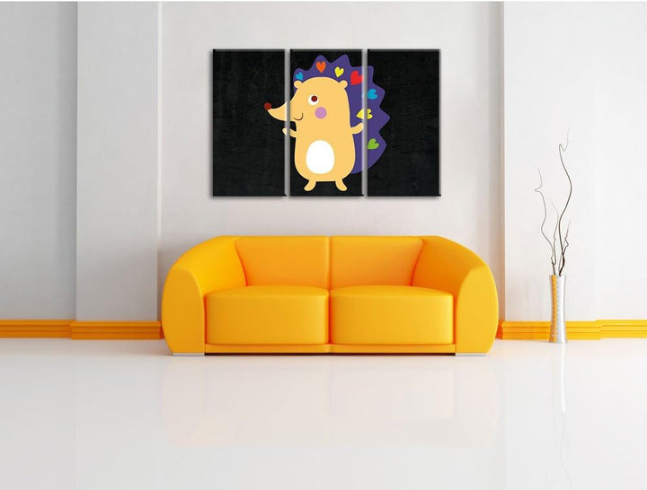 Pixxprint Niedlicher Igel schwarz 3-Teiler Leinwandbild 120x80 Bild auf Leinwand