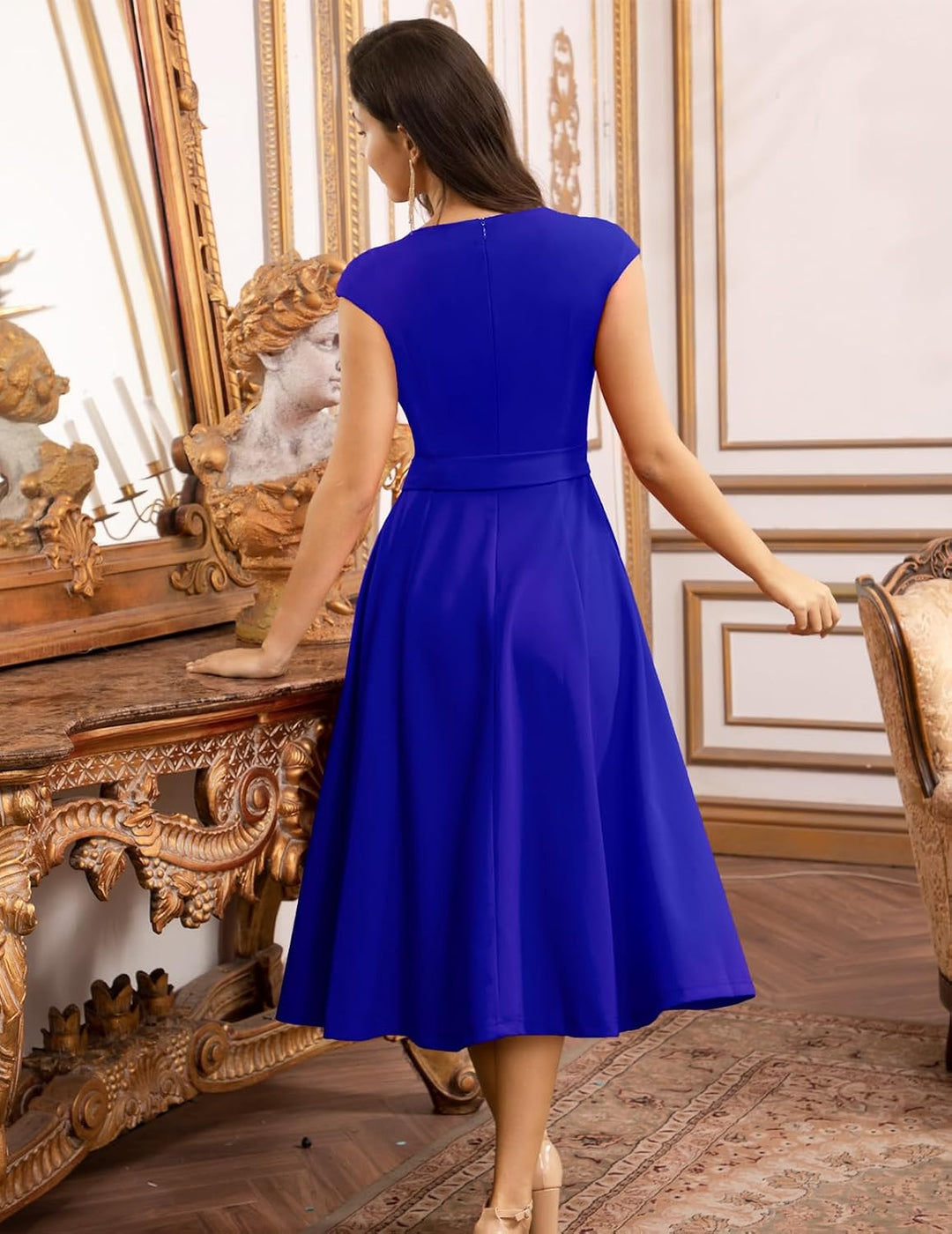 DRESSTELLS Damen Vintage Retro 1950er Cocktaikleid A-Line Swing Festlich Midilang Kleid Royalblue M,
